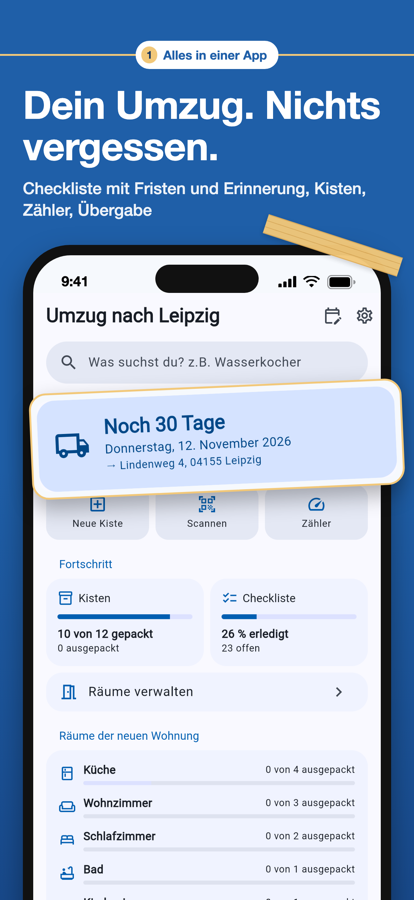 Startseite der Umzugsmappe mit Tagen bis zum Umzug, Kisten und Checkliste