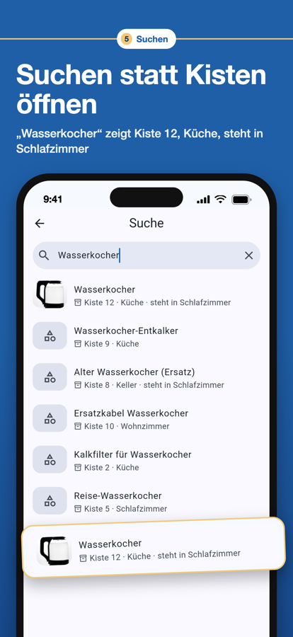 Suche nach Wasserkocher zeigt Kiste 12, Küche, steht im Schlafzimmer