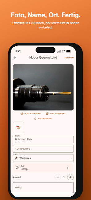 Bildschirmfoto: Gegenstand mit Foto und Notiz